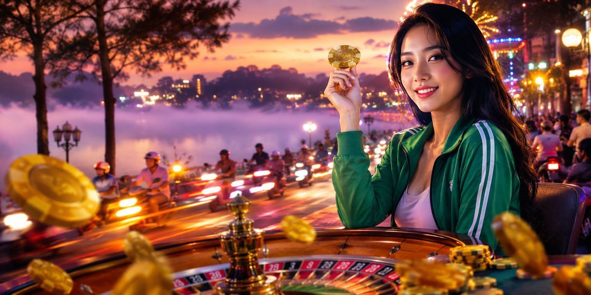 Bàn roulette neon sáng rực trong không gian casino tối tại Đà Lạt