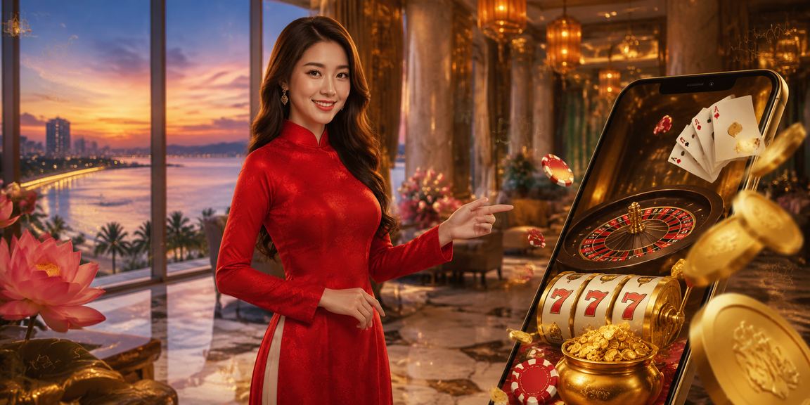 Người dùng trải nghiệm casino trực tuyến trên điện thoại tại Đà Nẵng với trang phục áo dài truyền thống